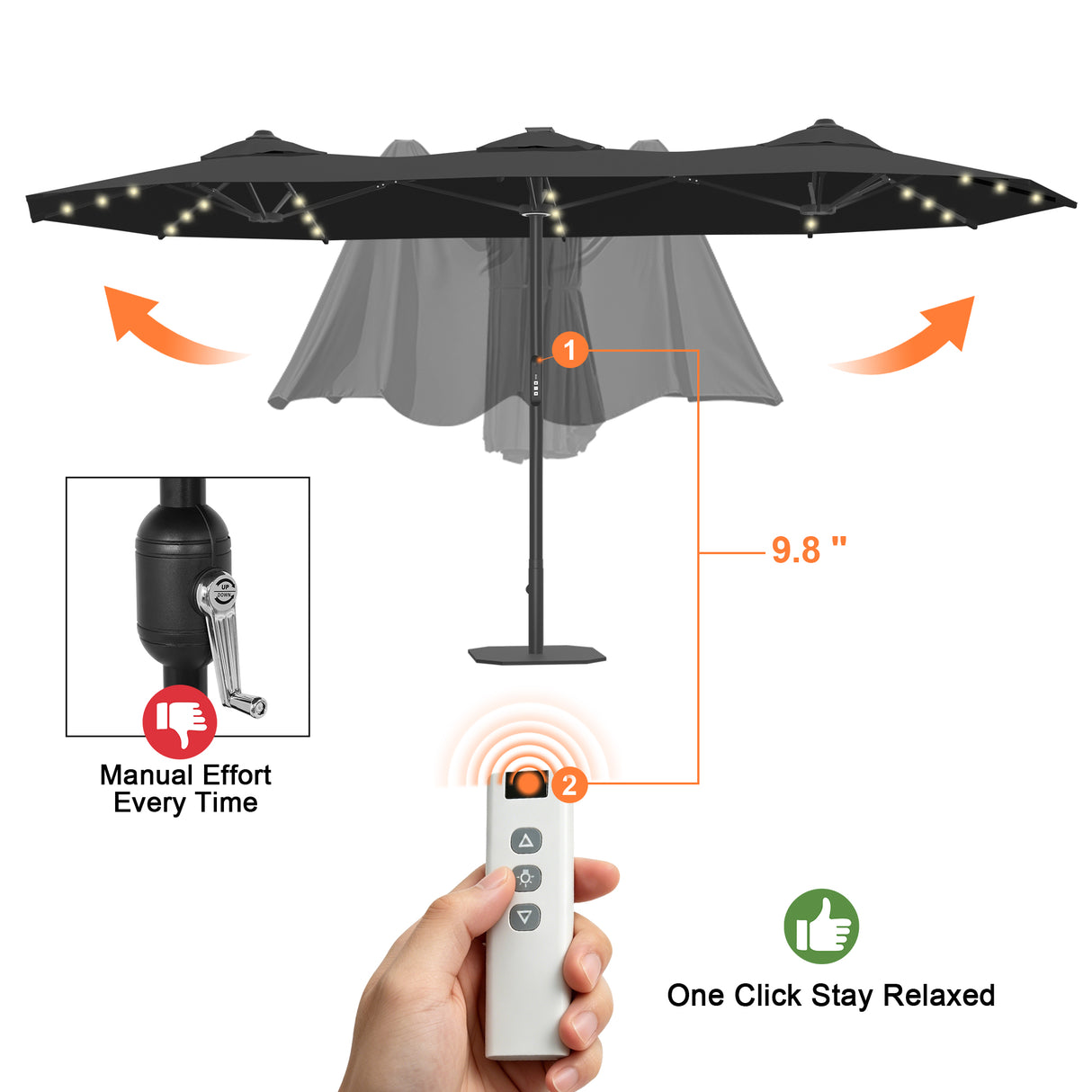 Patioslife Aegis 9x15ft Motorized Cantilever Patio Umbrella — Double-Sided, Remote Control, UPF 50+, Solar LED Lights & Windproof Frame