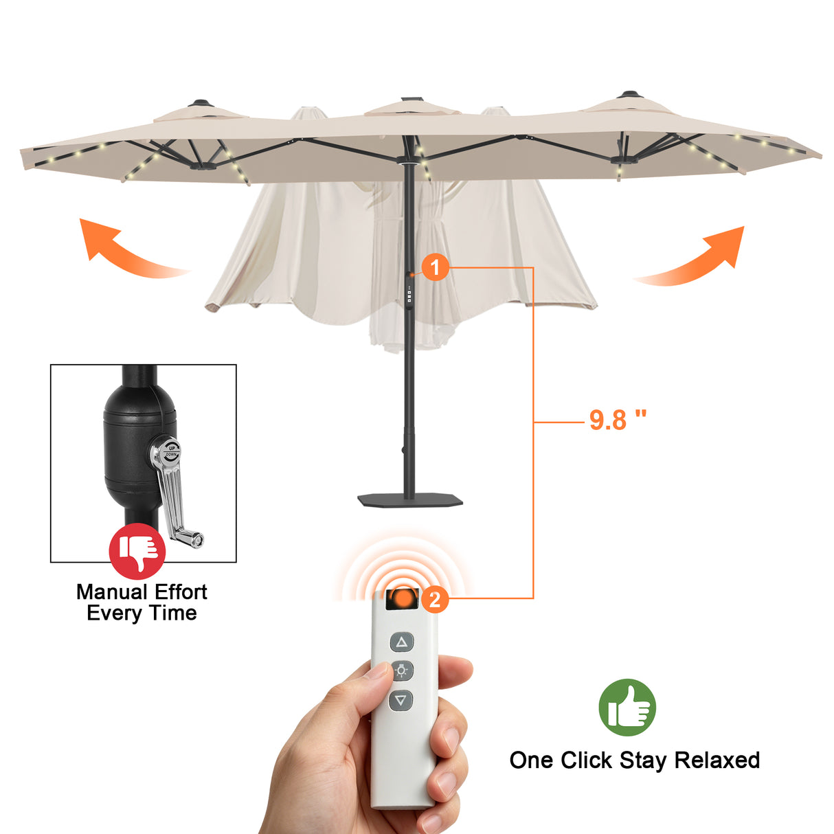 Patioslife Aegis 9x15ft Motorized Cantilever Patio Umbrella — Double-Sided, Remote Control, UPF 50+, Solar LED Lights & Windproof Frame