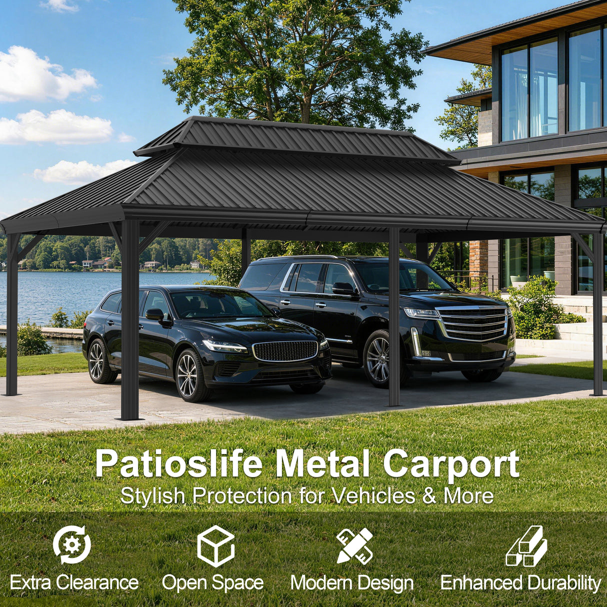 Patioslife All-Weather Aluminum Carport – Steel Roof Canopy for Cars, Motorcycles, RVs & Boats