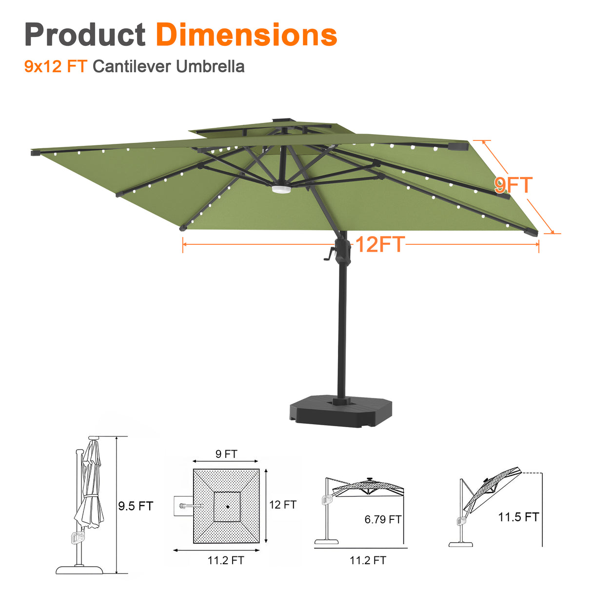 Patioslife Aegis Pro Cantilever Umbrella with LED Lights, Reinforced & Powder-Coated Aluminium Ribs and Pole — Perfect for Garden & Patio