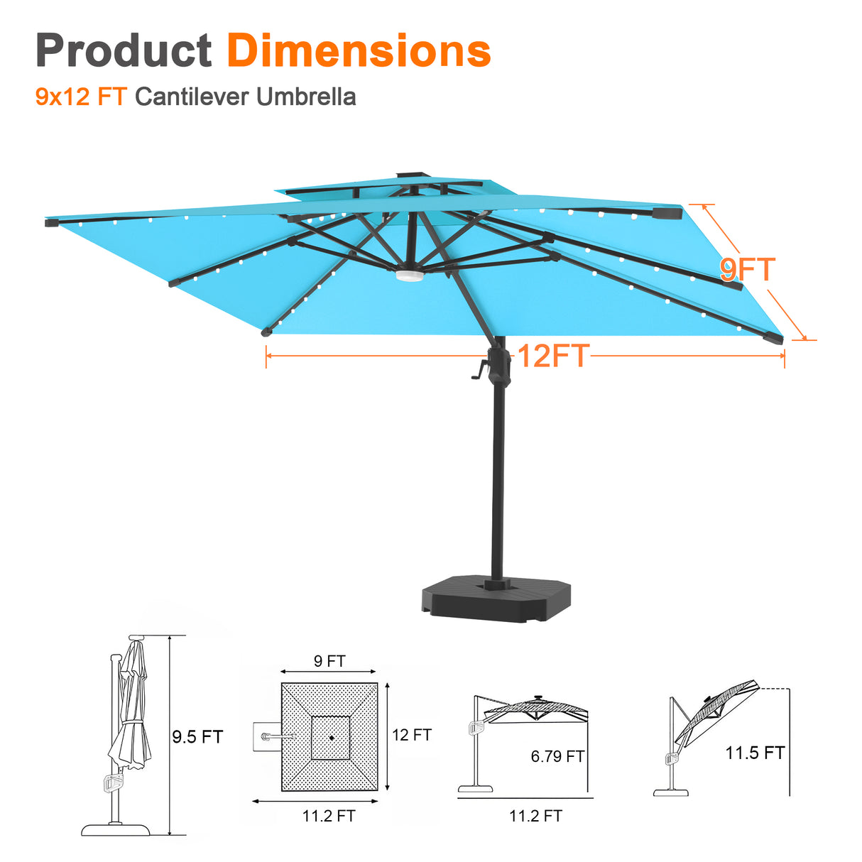 Patioslife Aegis Pro Cantilever Umbrella with LED Lights, Reinforced & Powder-Coated Aluminium Ribs and Pole — Perfect for Garden & Patio