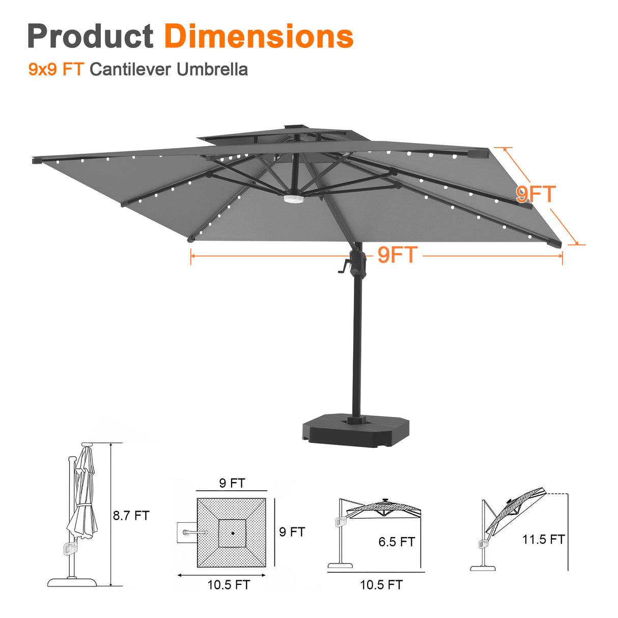 Patioslife Aegis Pro Cantilever Umbrella with LED Lights, Reinforced & Powder-Coated Aluminium Ribs and Pole — Perfect for Garden & Patio