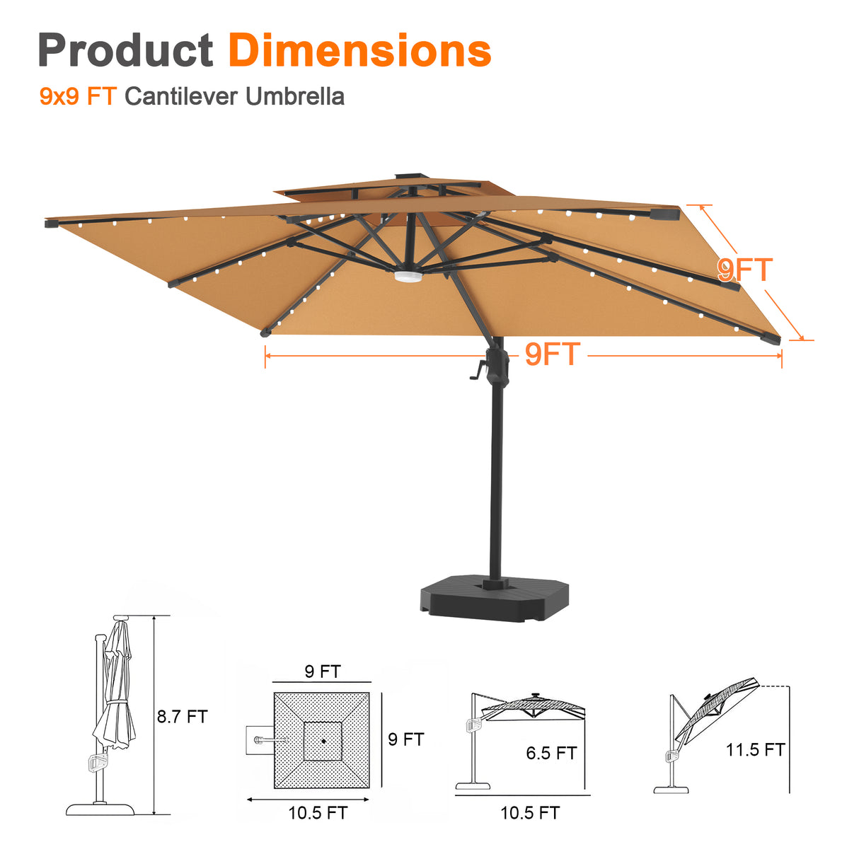 Patioslife Aegis Pro Cantilever Umbrella with LED Lights, Reinforced & Powder-Coated Aluminium Ribs and Pole — Perfect for Garden & Patio