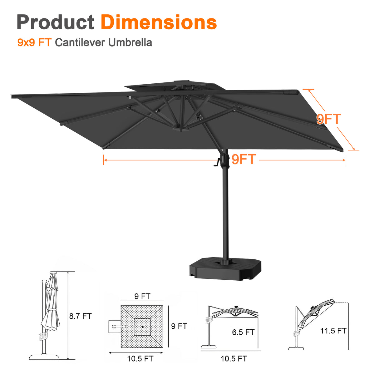 Patioslife Aegis Pro Cantilever Umbrella, Reinforced & Powder-Coated Aluminium Ribs and Pole for Garden & Patio