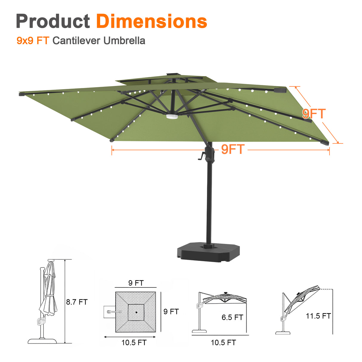 Patioslife Aegis Pro Cantilever Umbrella with LED Lights, Reinforced & Powder-Coated Aluminium Ribs and Pole — Perfect for Garden & Patio
