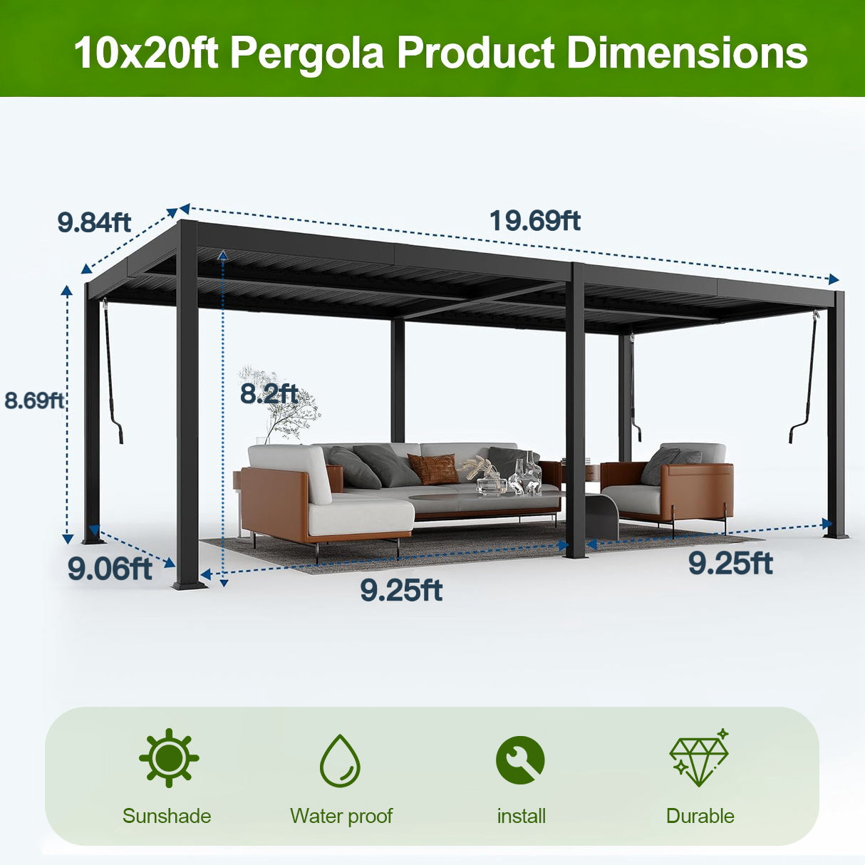 Aluminium Louvered Pergola,patioslife,Poolside,Outdoor Leisure Area,Outdoor Kitchen or Dining Area,Garden Pathway,Rooftop Terrace,Sun Shading & Light Contro,Space Definition,10x20ft
