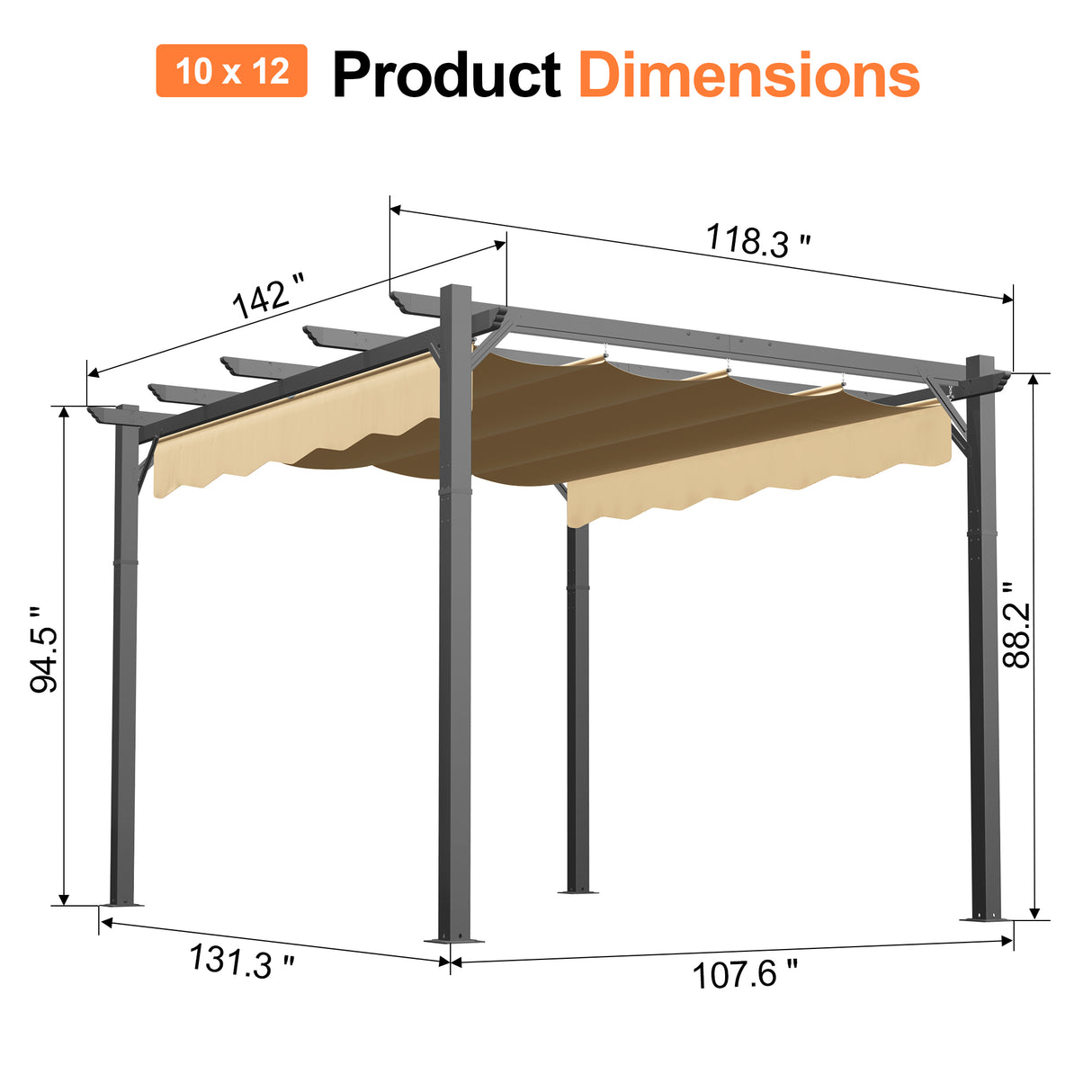 10x12 ft Patioslife Atlantic retractable pergola product dimension diagram with beige canopy and charcoal outdoor frame