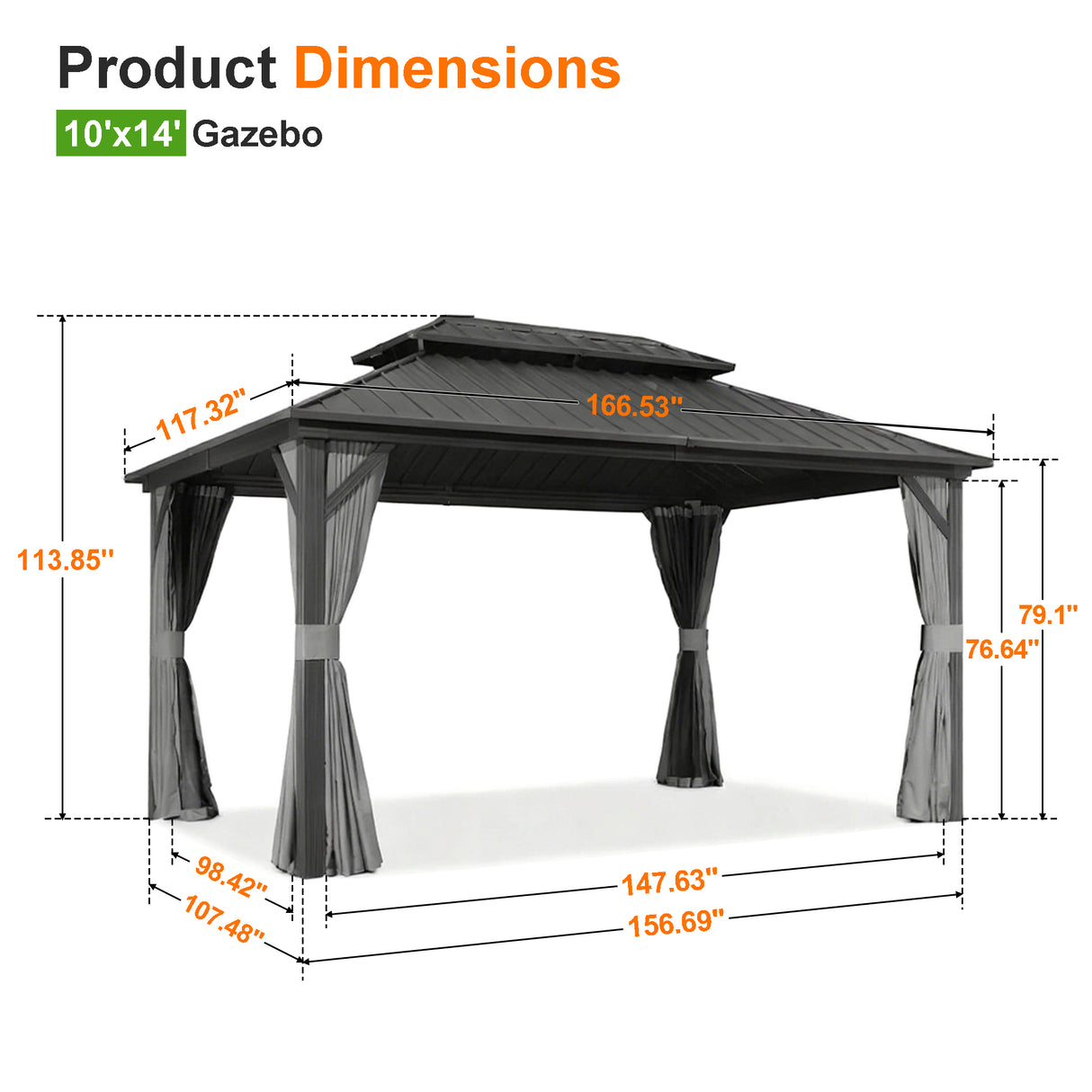 Patioslife Haven Hardtop Gazebo – 4.7" x 4.7" Aluminum Posts, Galvanized Steel Roof with Built-in Drainage Gutters, Double Vented Roof, Curtains & Netting for Backyard or Garden