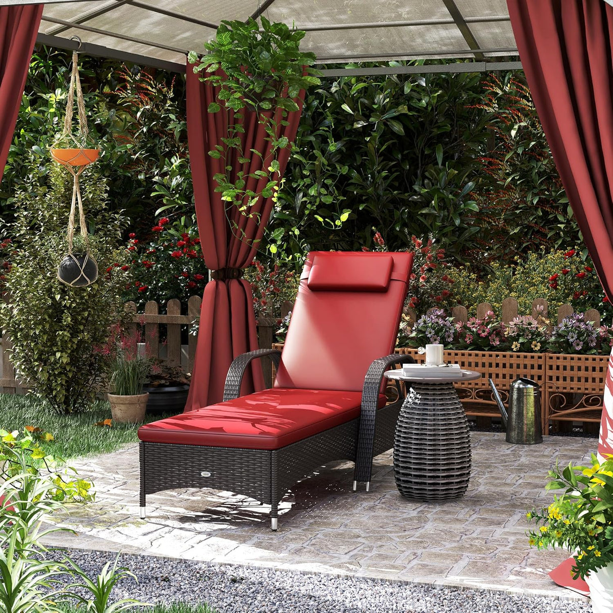 Patioslife Wicker Chaise Lounge Chair – Outdoor PE Rattan Sun Lounger with Cushion, Adjustable 5-Level Backrest, Headrest & Wheels, Deep Coffee & Cream White