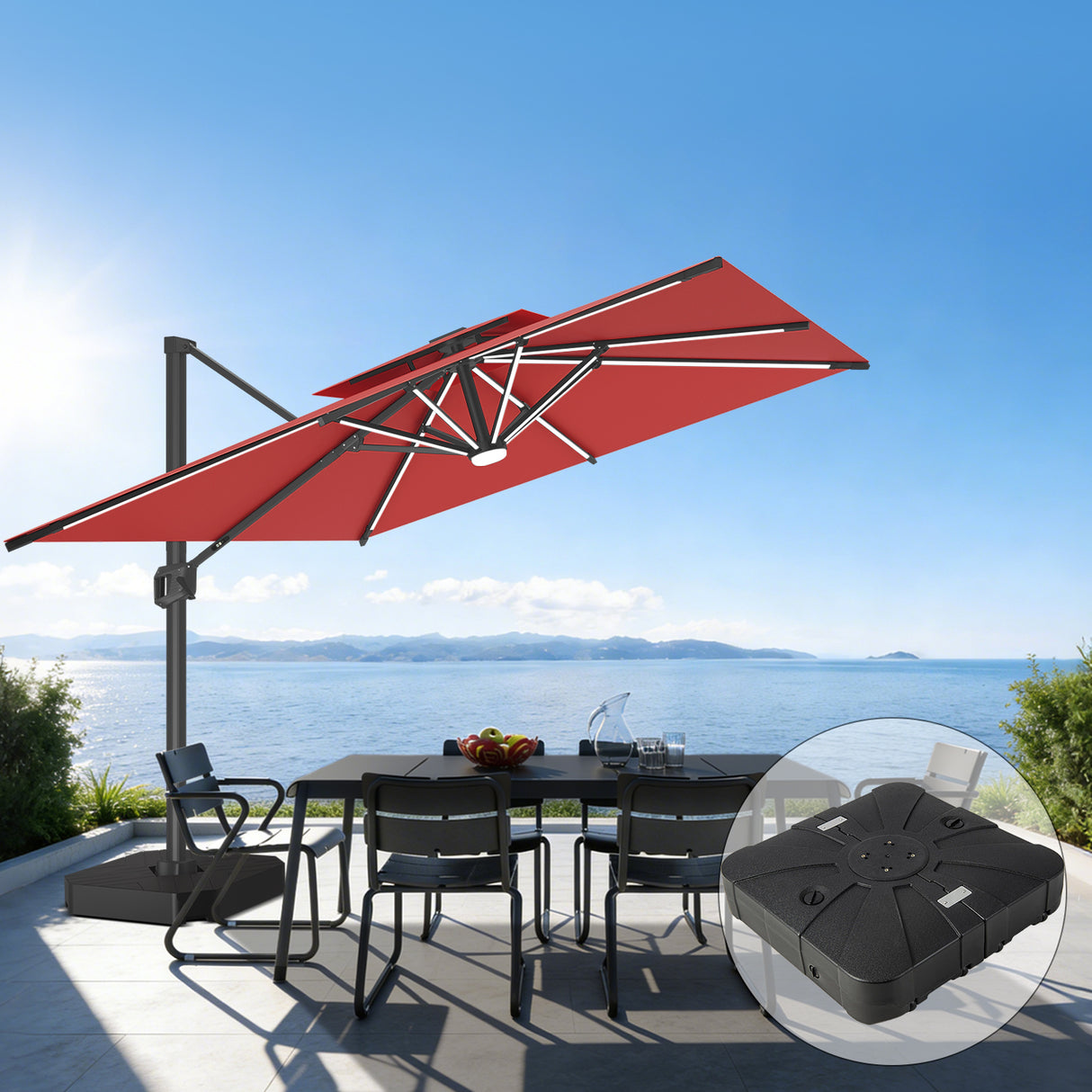 Patioslife Aegis Premium Cantilever Umbrella with Full-Rib LED Strip Lighting, Fibreglass Ribs and Powder-Coated Aluminium Pole for Luxury Garden & Patio Shade
