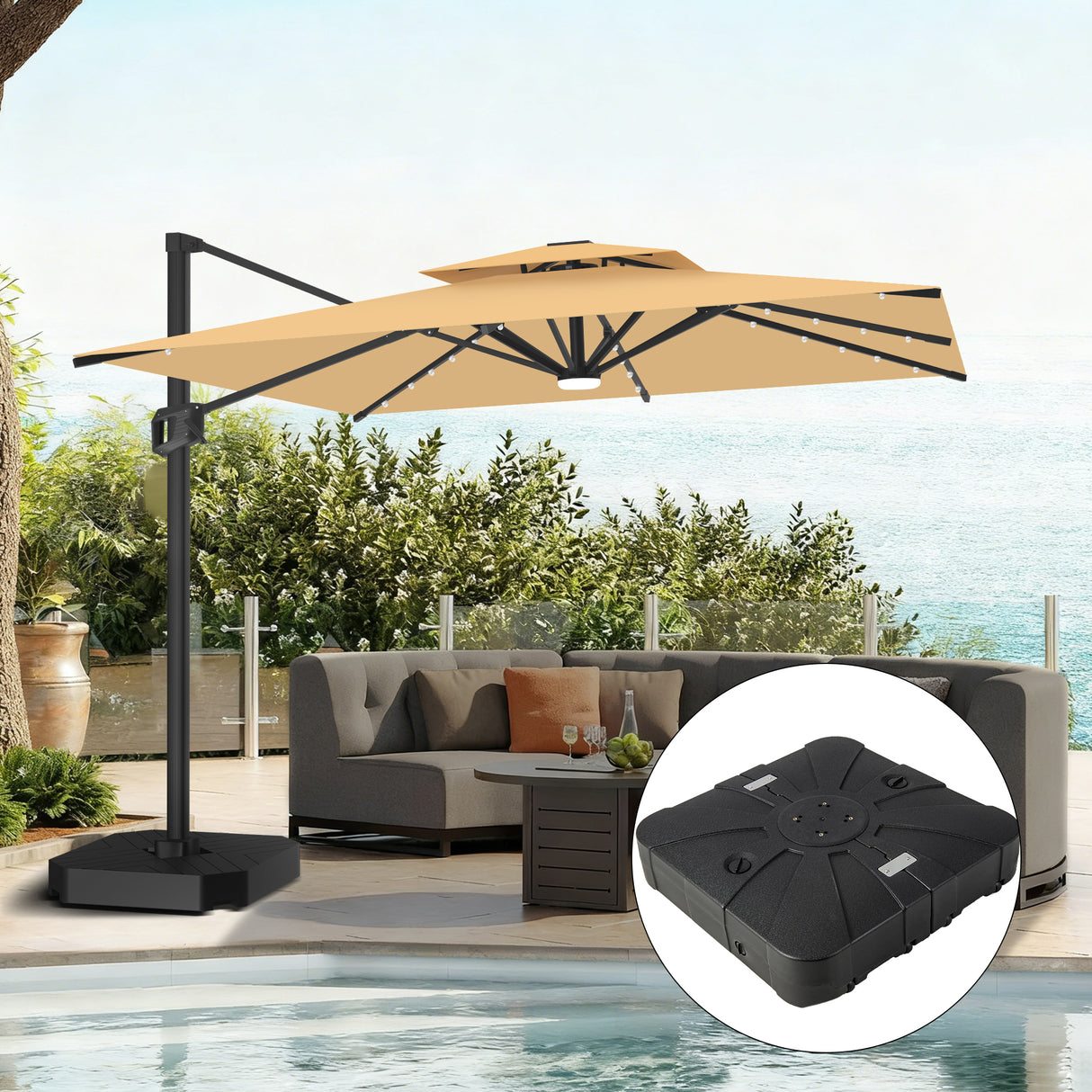 Patioslife Aegis Pro Cantilever Umbrella with LED Lights, Reinforced & Powder-Coated Aluminium Ribs and Pole — Perfect for Garden & Patio