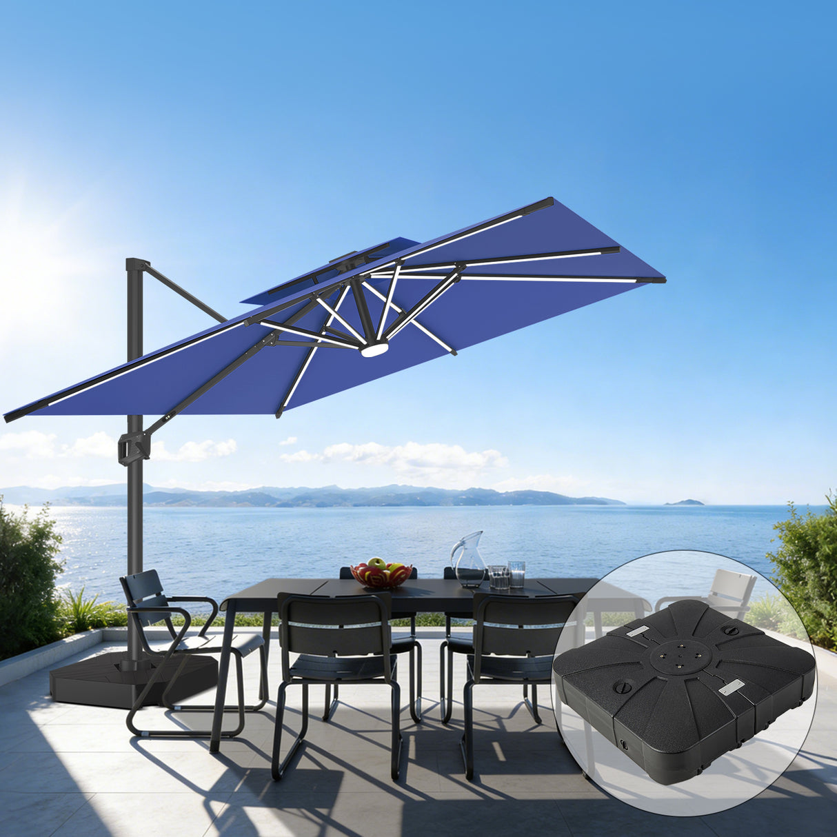 Patioslife Aegis Premium Cantilever Umbrella with Full-Rib LED Strip Lighting, Fibreglass Ribs and Powder-Coated Aluminium Pole for Luxury Garden & Patio Shade