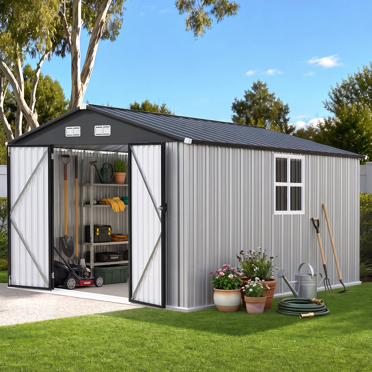Patioslife YardVault Pro Galvanised Steel Metal Garden Shed with Window, Rust-Resistant Outdoor Tool Shed