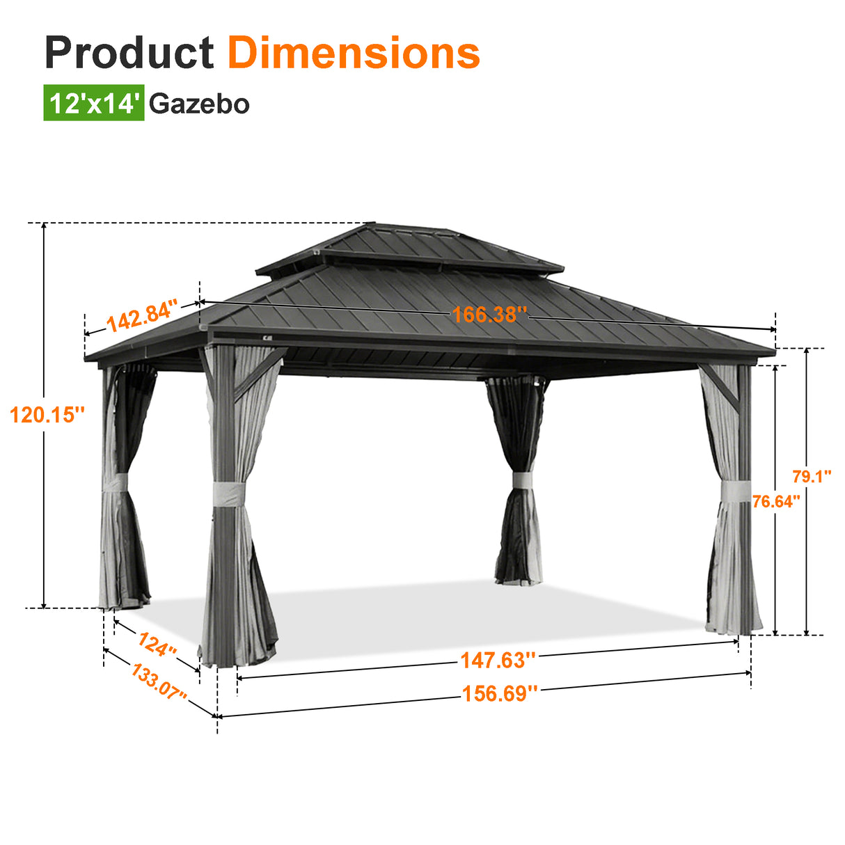 Patioslife Haven Hardtop Gazebo – 4.7" x 4.7" Aluminum Posts, Galvanized Steel Roof with Built-in Drainage Gutters, Double Vented Roof, Curtains & Netting for Backyard or Garden