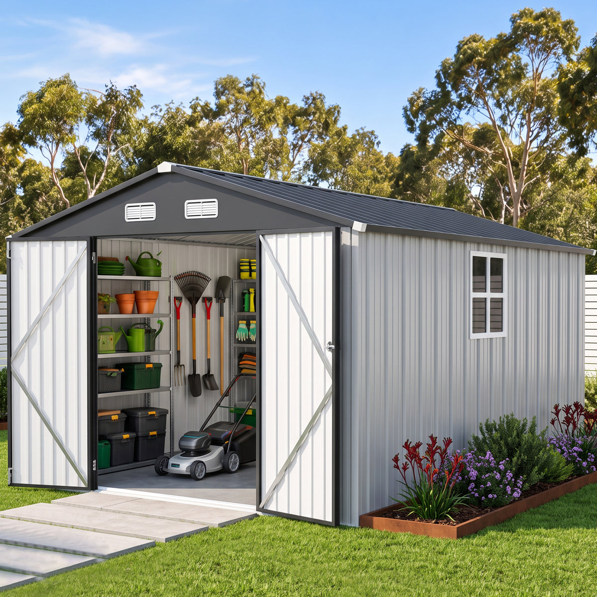 Patioslife YardVault Pro Galvanised Steel Metal Garden Shed with Window, Rust-Resistant Outdoor Tool Shed