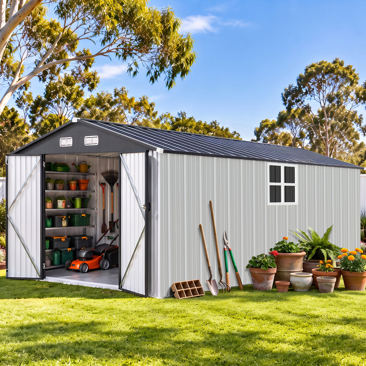 Patioslife YardVault Pro Galvanised Steel Metal Garden Shed with Window, Rust-Resistant Outdoor Tool Shed
