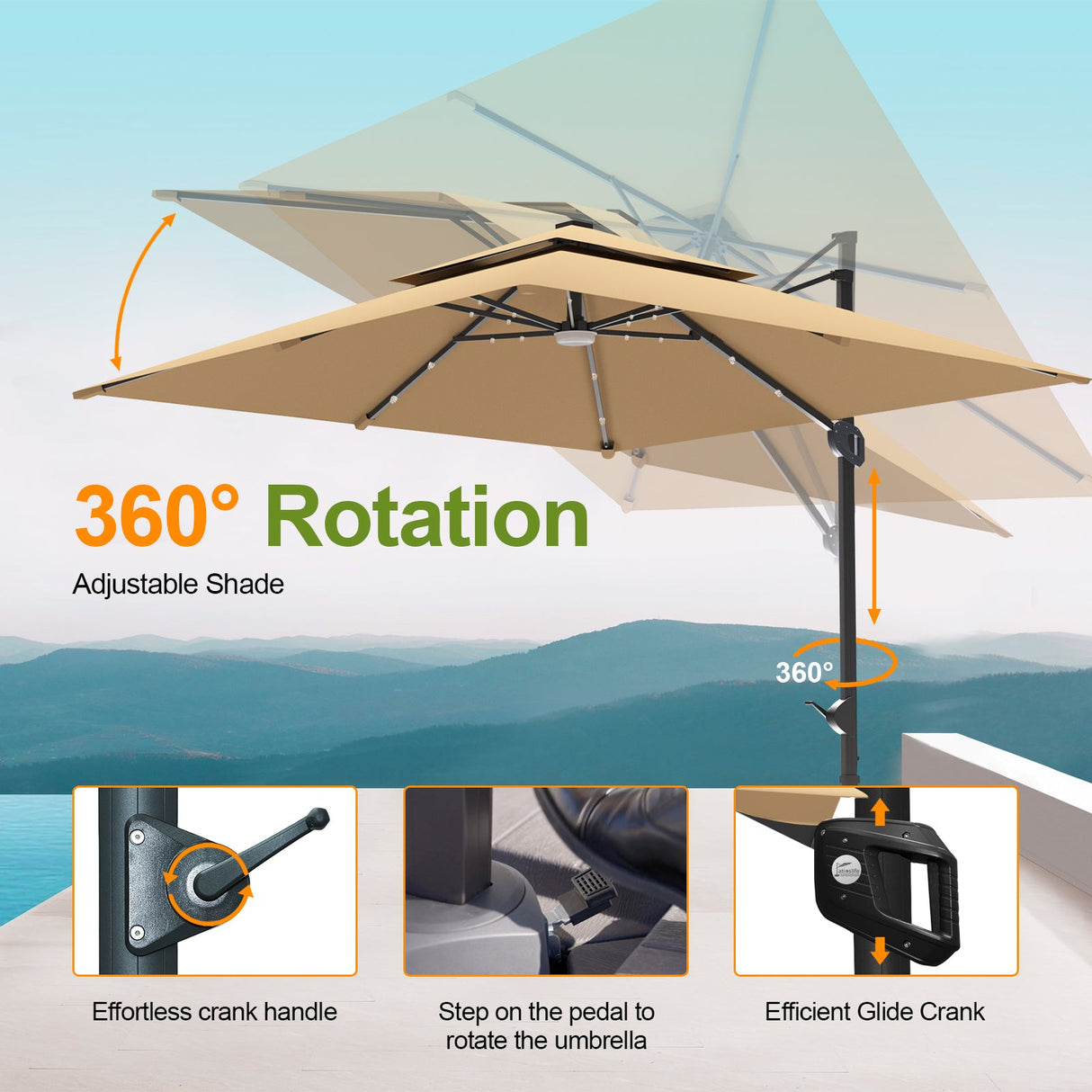 Beige patio umbrella with 360-degree rotation feature and adjustable shade, set against a scenic background.