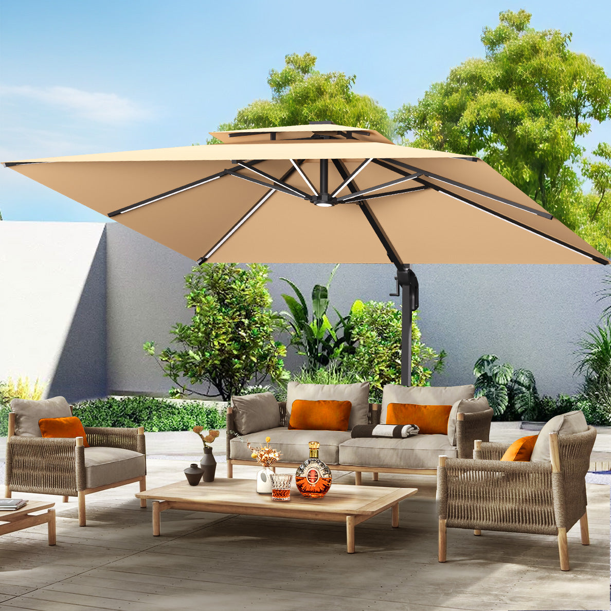 Patioslife Aegis Premium Cantilever Umbrella with LED Strip Lights, Fibreglass Ribs, Powder-Coated Aluminium Pole & Protective Cover — Luxury Garden & Patio Shade