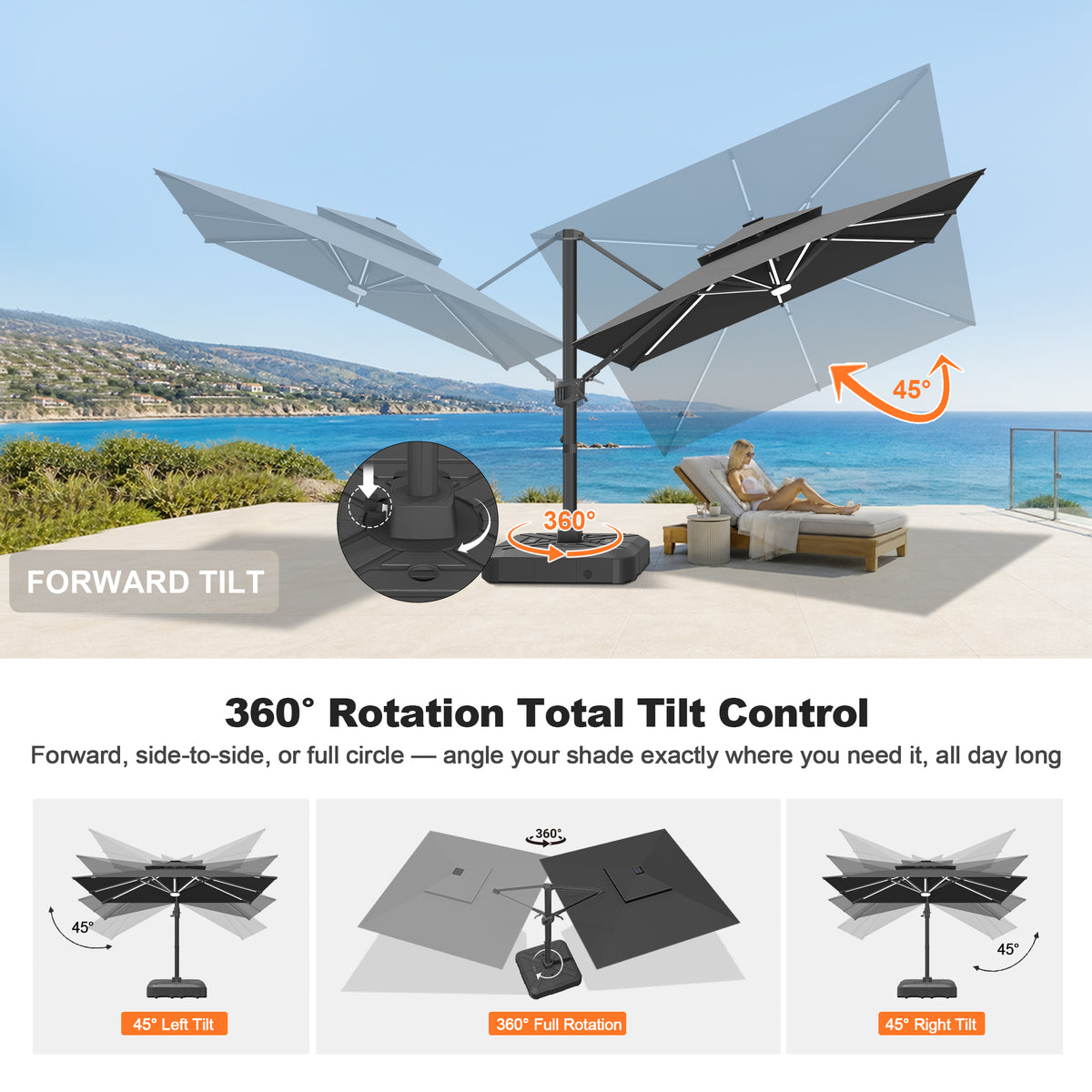 Patioslife Aegis Signature Rotating Cantilever Patio Umbrella with Adjustable Tilt | Large Outdoor Shade Umbrella for Garden, Deck & Poolside, Includes Free Premium Cover