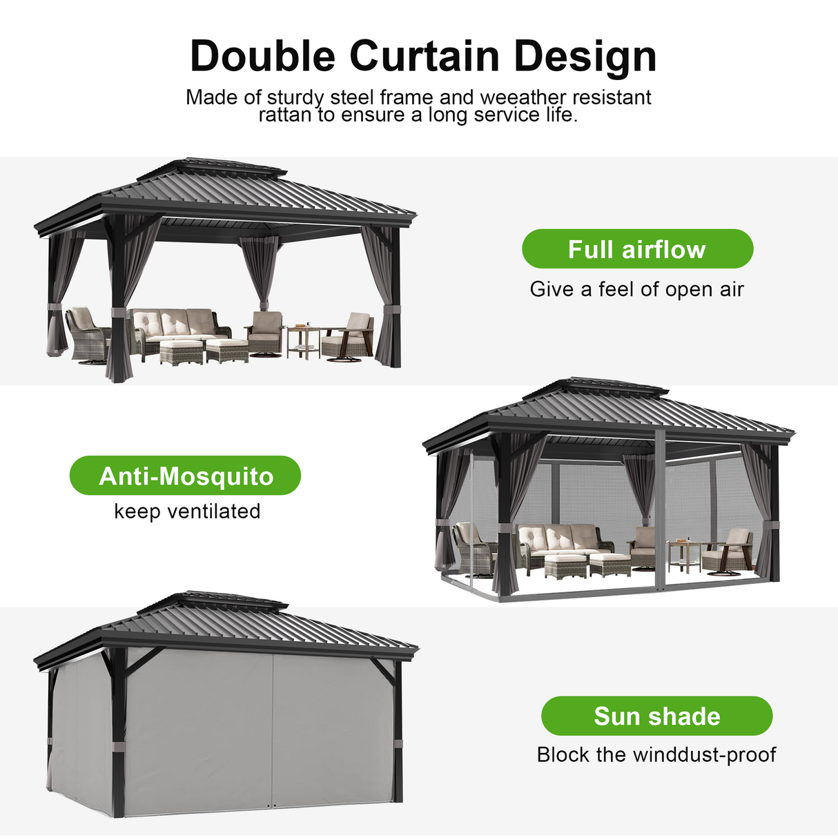 12' x 16' ,Outdoor Pergola Gazebo, patioslife,Durable Aluminium Hardtop with Double Roof Ventilation & Side Drapes,double curtain design, featuring text on airflow, anti-mosquito, and sun shade.