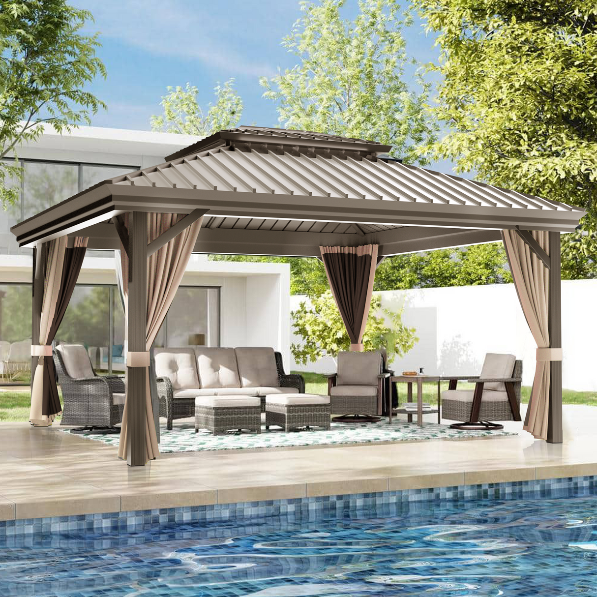Patioslife Haven | 12' x 16' Outdoor Pergola Gazebo, Durable Aluminium Hardtop with Double Roof Ventilation & Side Drapes