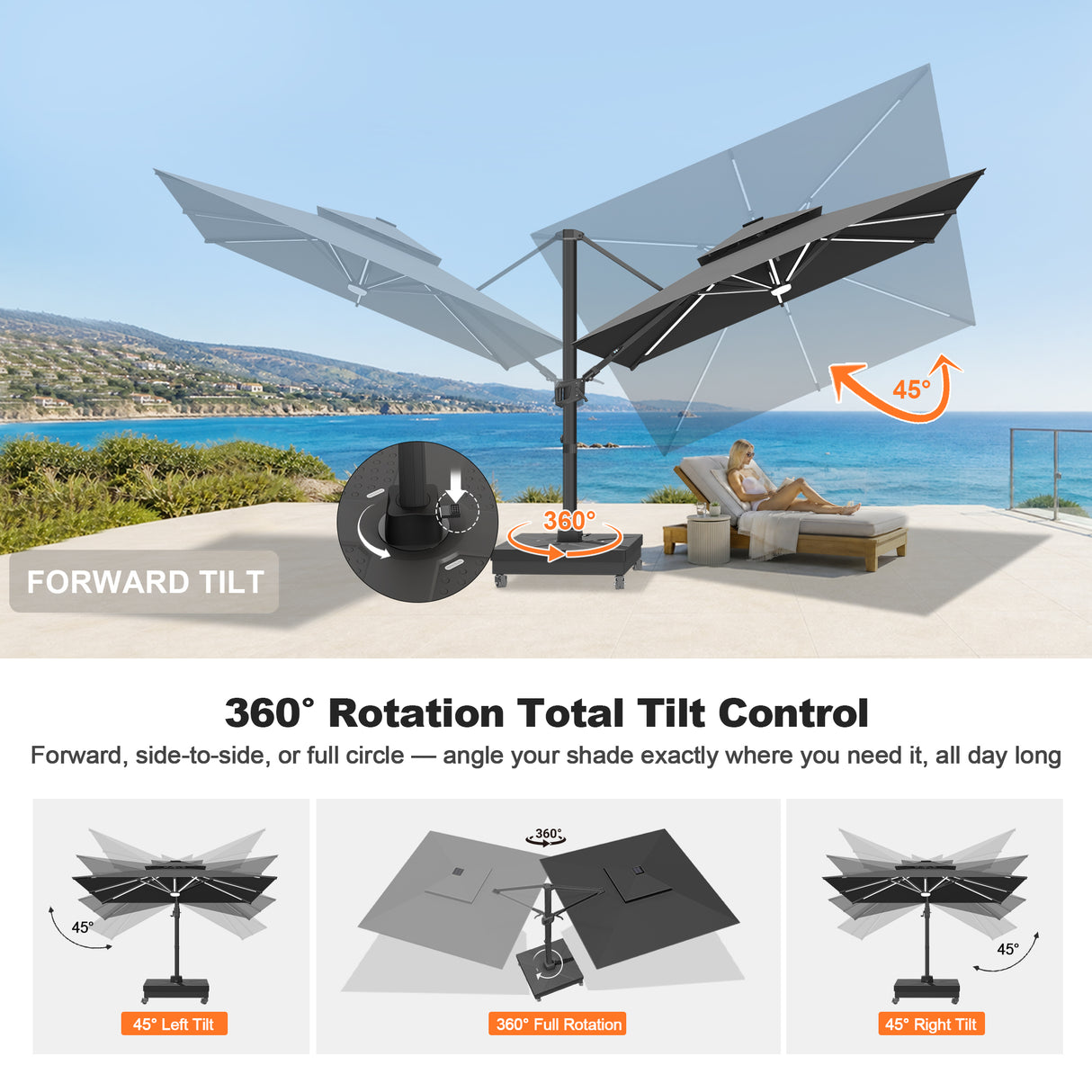 Patioslife Aegis Signature Rotating Cantilever Patio Umbrella with Adjustable Tilt | Large Outdoor Shade Umbrella for Garden, Deck & Poolside, Includes Free Premium Cover
