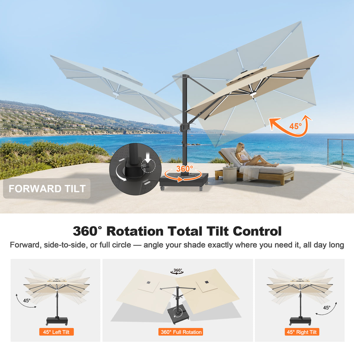 Patioslife Aegis Signature Rotating Cantilever Patio Umbrella with Adjustable Tilt | Large Outdoor Shade Umbrella for Garden, Deck & Poolside, Includes Free Premium Cover