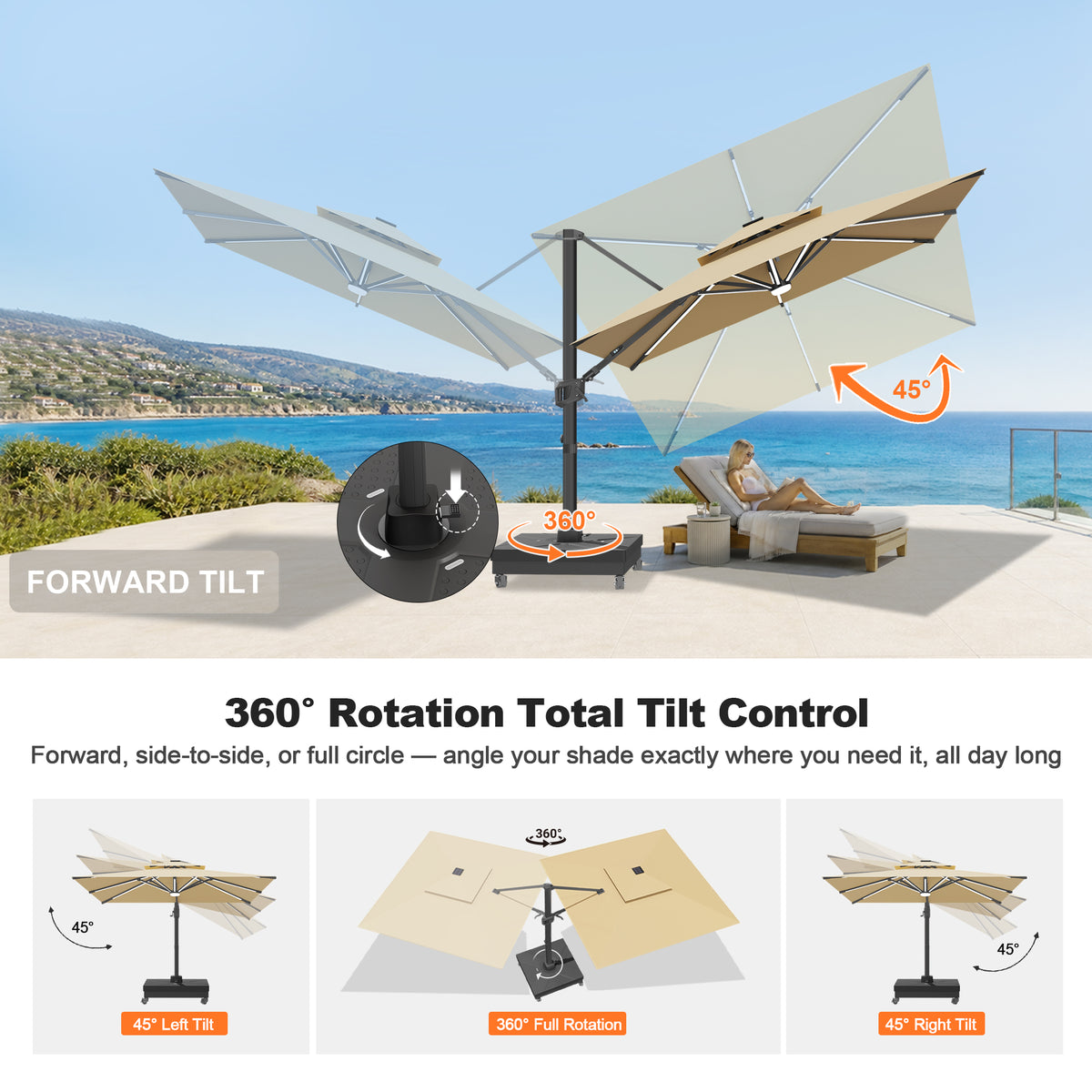 Patioslife Aegis Signature Rotating Cantilever Patio Umbrella with Adjustable Tilt | Large Outdoor Shade Umbrella for Garden, Deck & Poolside, Includes Free Premium Cover