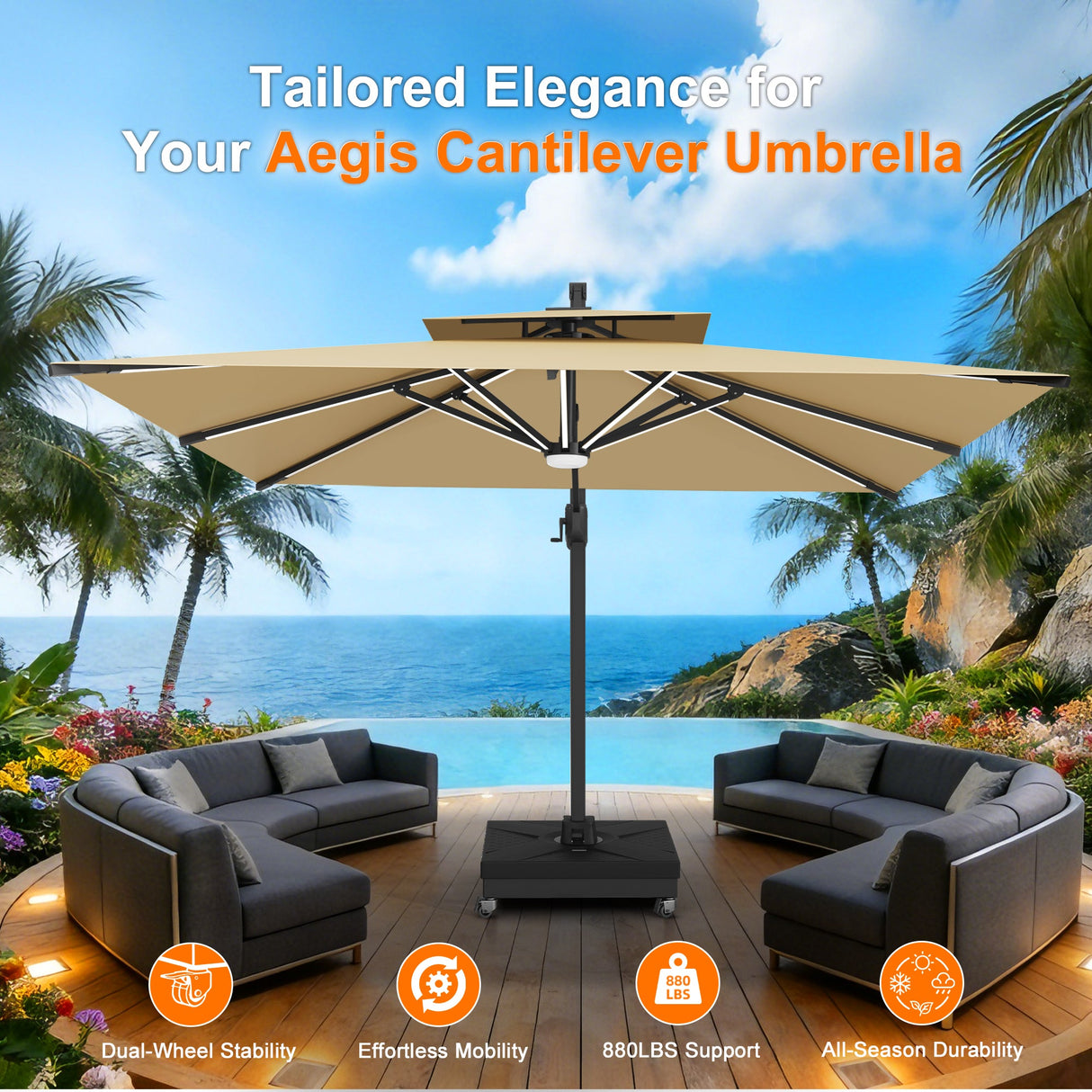 Patioslife Heavy-Duty Cantilever Umbrella Base with Wheels and Lock, Modular Rolling Stand Holds Up to 880 lb, Fits Aegis Series and Most Offset Umbrellas, for Outdoor Patio, Garden & Poolside