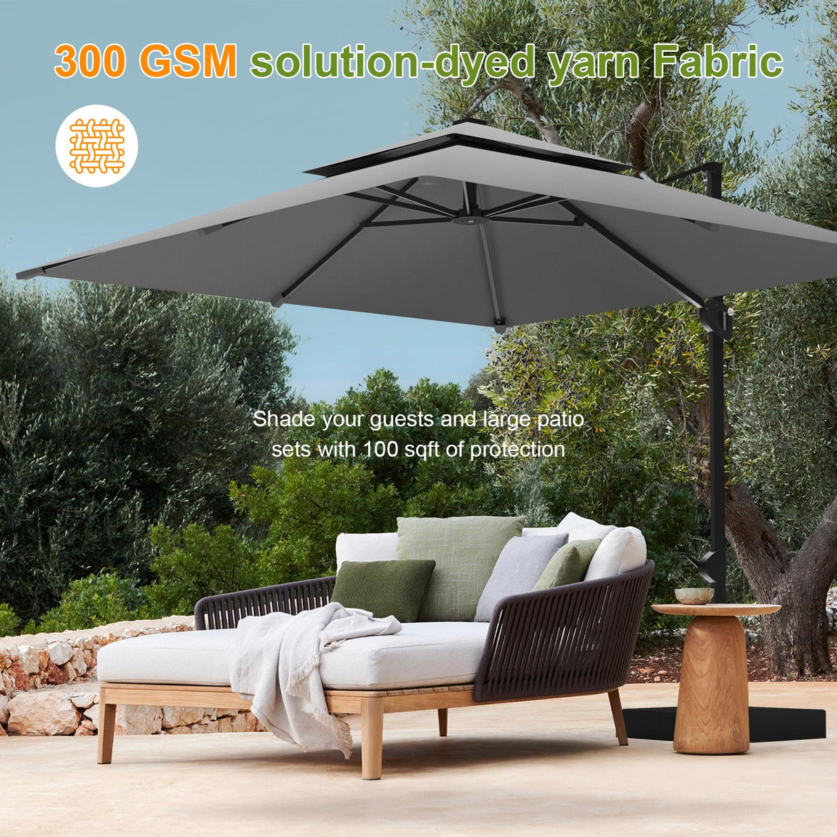 Cantilever Patio Umbrella,patioslife,Poolside,Outdoor Leisure Area,Outdoor Kitchen or Dining Area,Garden Pathway,Rooftop Terrace,Sun Shading & Light Contro,Space Definition,base,300 GSM fabric