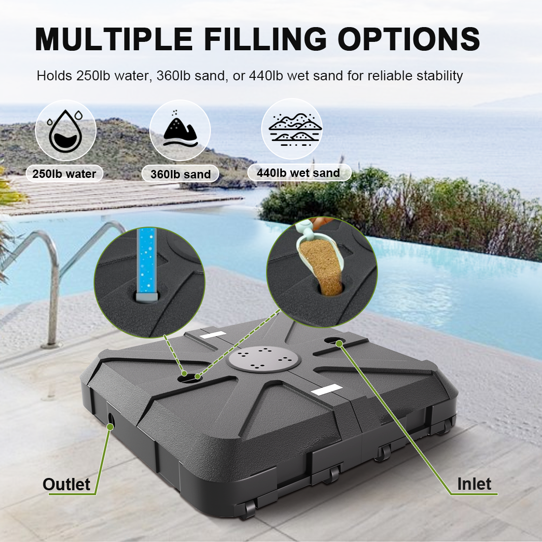 Patioslife™ Cantilever Umbrella Base with wheels 250–440lb for Aegis Series Umbrella, Heavy-Duty Outdoor Rolling Stand, Refillable HDPE Offset Weights with Wheels for Patio, Garden & Poolside Stability