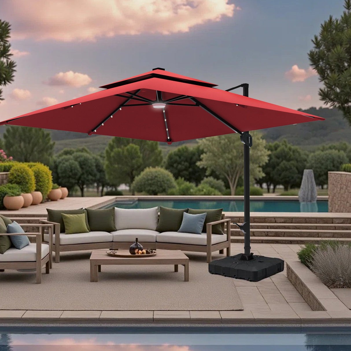 Red patio umbrella over outdoor furniture,patioslife,Poolside,Outdoor Leisure Area,Outdoor Kitchen or Dining Area,Garden Pathway,Rooftop Terrace,Sun Shading & Light Contro,Space Definition,LED