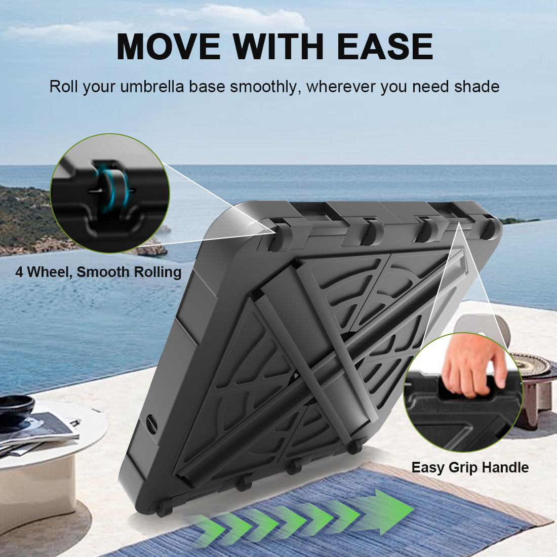 Patioslife™ Cantilever Umbrella Base with wheels 250–440lb for Aegis Series Umbrella, Heavy-Duty Outdoor Rolling Stand, Refillable HDPE Offset Weights with Wheels for Patio, Garden & Poolside Stability