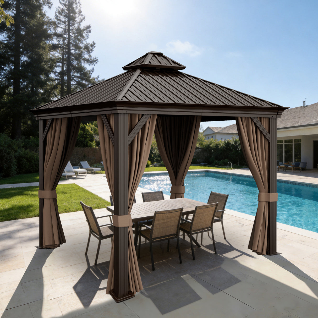 Patioslife Haven Hardtop Gazebo – 4.7" x 4.7" Aluminum Posts, Galvanized Steel Roof with Built-in Drainage Gutters, Double Vented Roof, Curtains & Netting for Backyard or Garden