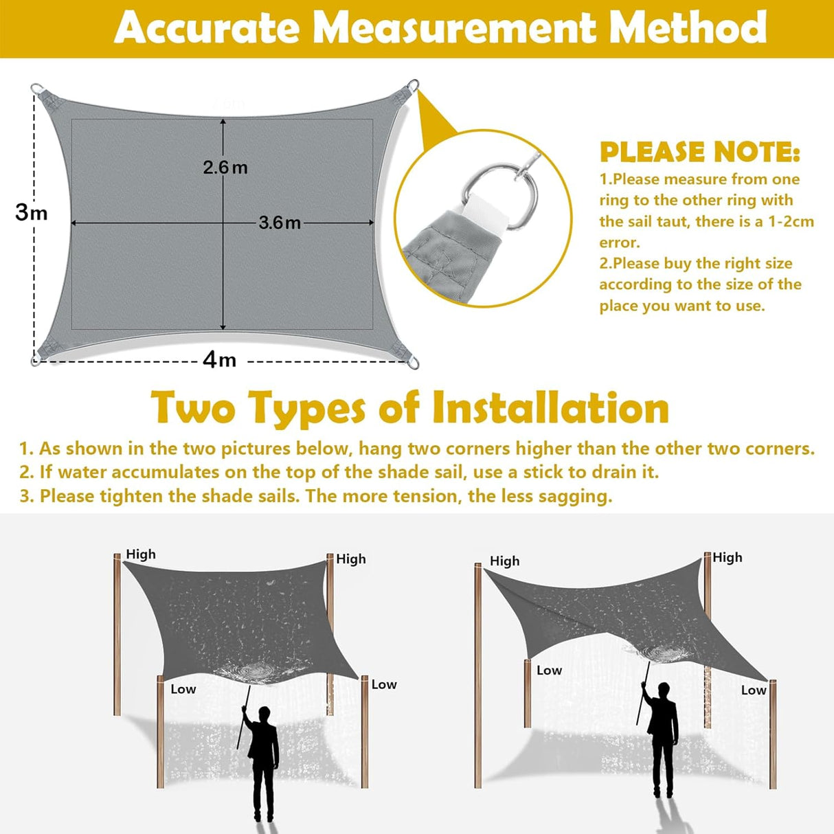 Patioslife Waterproof Sun Shade Sail – Rectangle Outdoor Awning Canopy with 95% UV Block & Free Rope for Garden, Patio, Yard & Party
