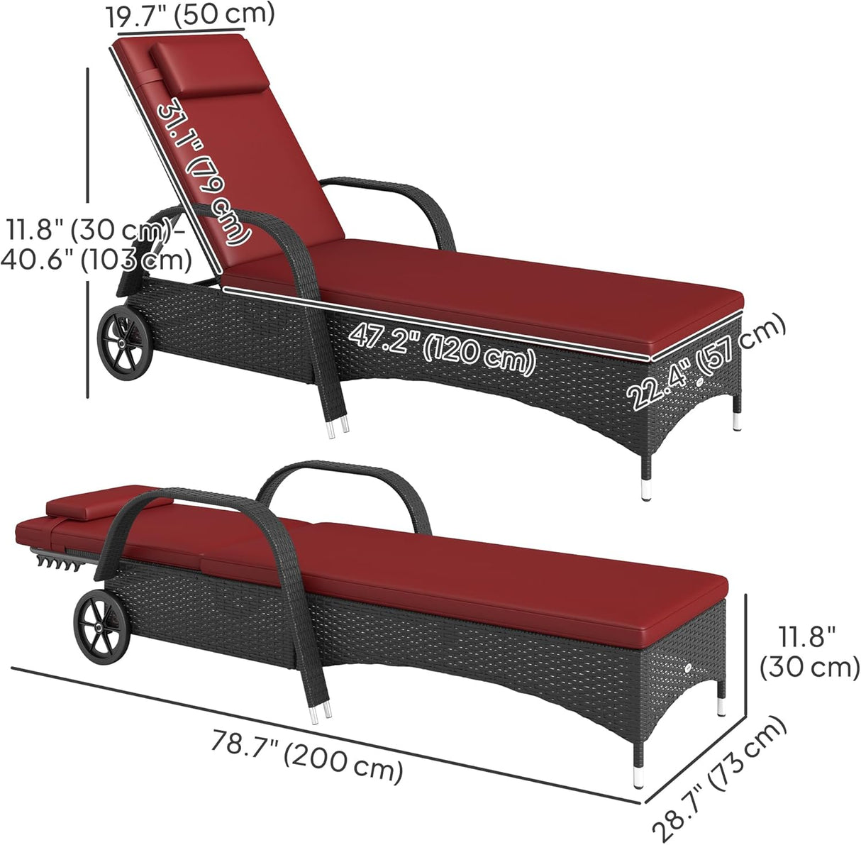 Patioslife Wicker Chaise Lounge Chair – Outdoor PE Rattan Sun Lounger with Cushion, Adjustable 5-Level Backrest, Headrest & Wheels, Deep Coffee & Cream White