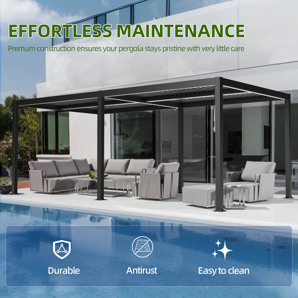 Patioslife Atlantic™,Louvered Pergola,Aluminium Frame,Adjustable Roof,Ambient LED Lights,Freestanding Design,Outdoor Shelter,Patio Pavilion,Deck Pergola,Poolside Shade,Weatherproof,Sunshade & Rain Protection,Modern Outdoor Furniture,Luxury Patio Structure,Contemporary Design,Architectural Style,Premium Outdoor Living