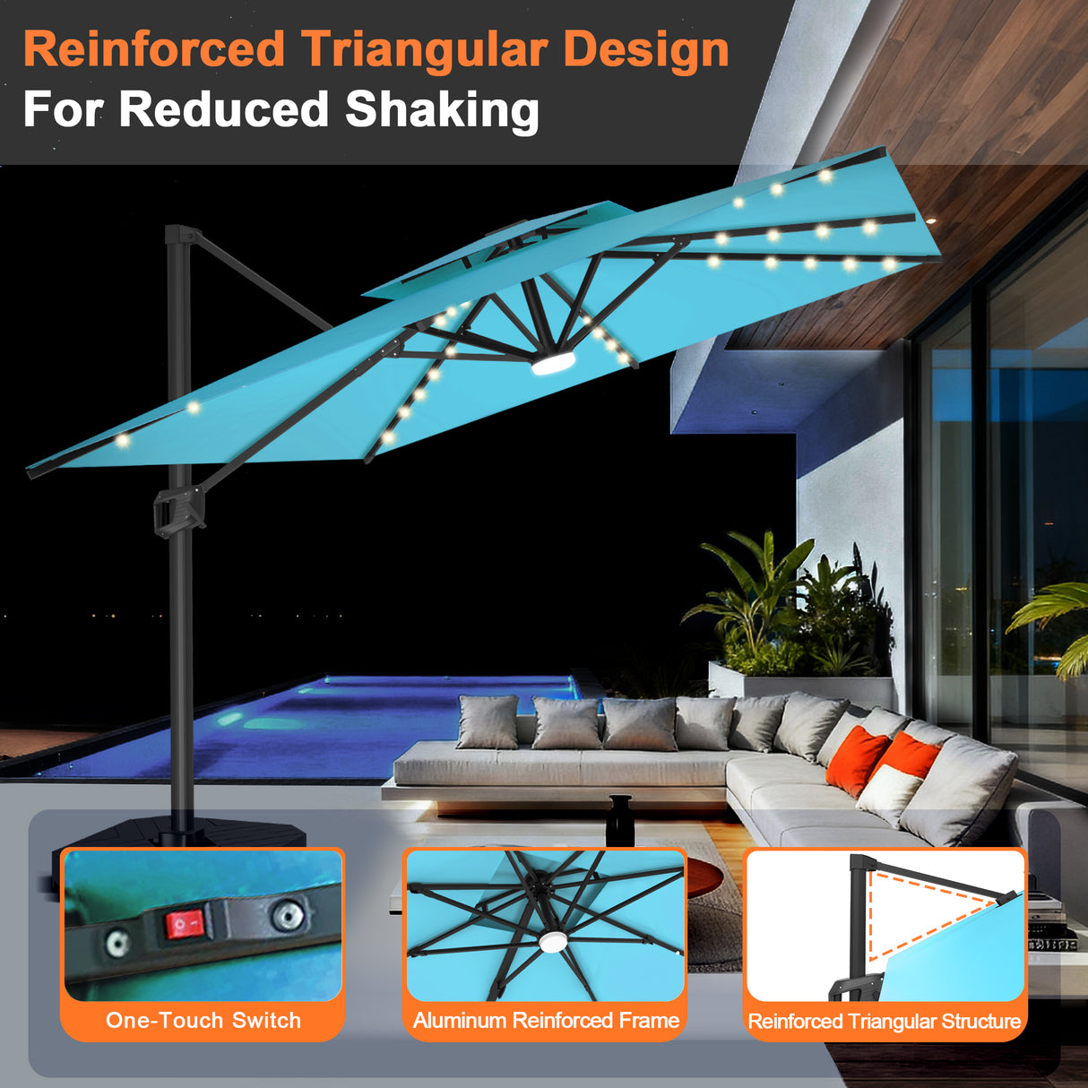 Patioslife Aegis Pro Cantilever Umbrella with LED Lights, Reinforced & Powder-Coated Aluminium Ribs and Pole — Perfect for Garden & Patio