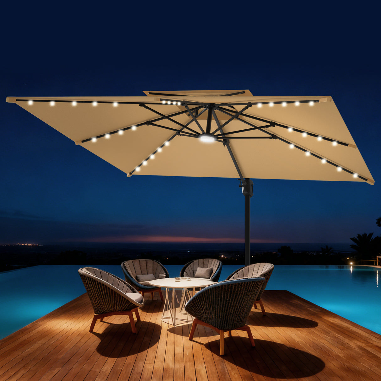 Patioslife Aegis Pro Cantilever Umbrella with LED Lights, Reinforced & Powder-Coated Aluminium Ribs and Pole — Perfect for Garden & Patio