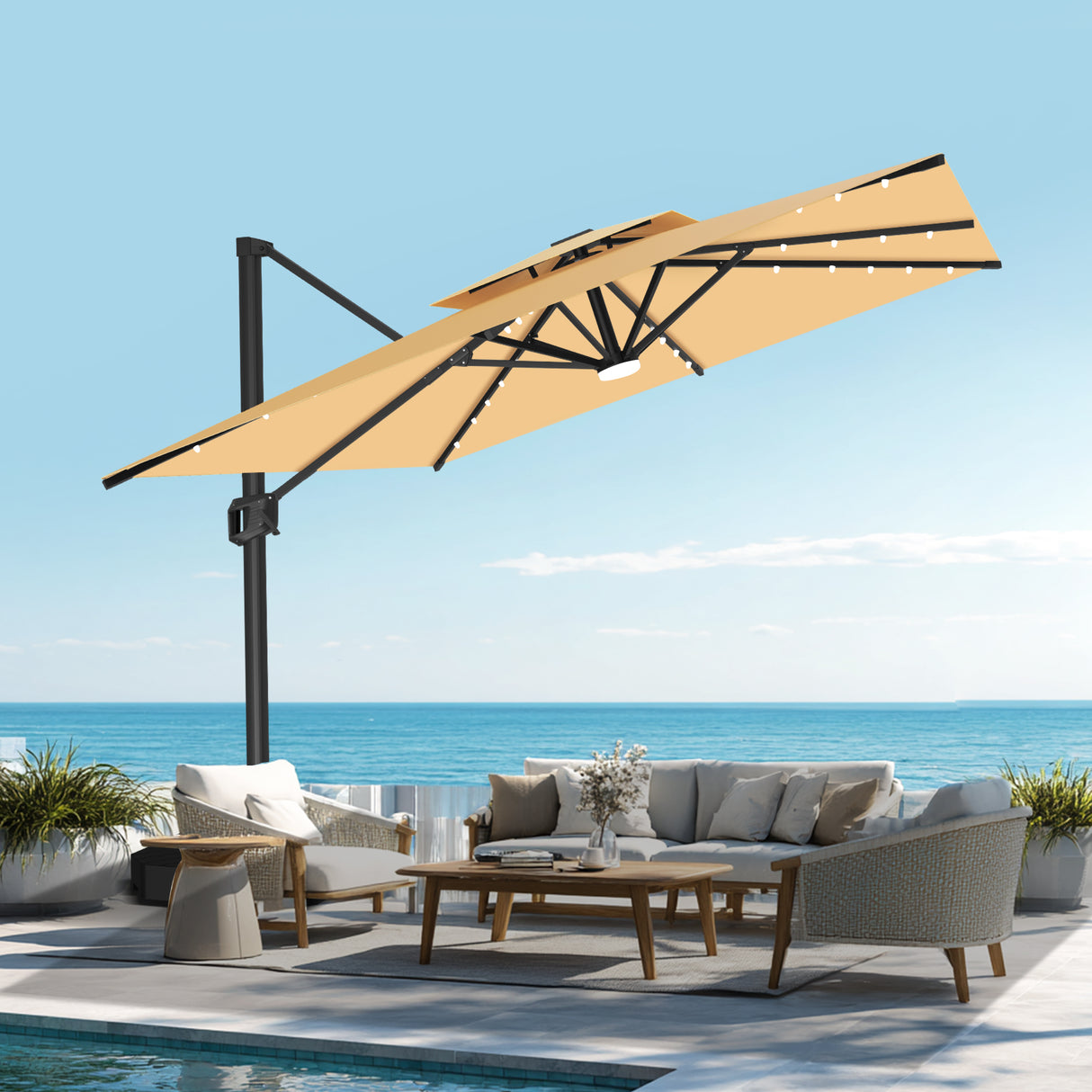 Patioslife Aegis Pro Cantilever Umbrella with LED Lights, Reinforced & Powder-Coated Aluminium Ribs and Pole — Perfect for Garden & Patio