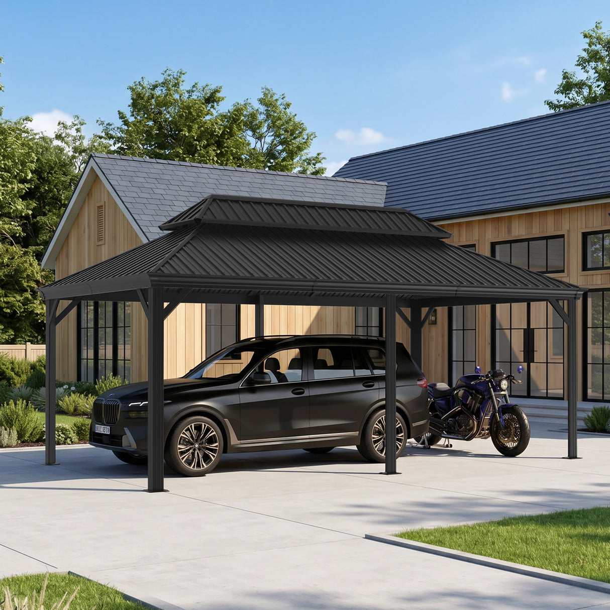 Patioslife All-Weather Aluminum Carport – Steel Roof Canopy for Cars, Motorcycles, RVs & Boats