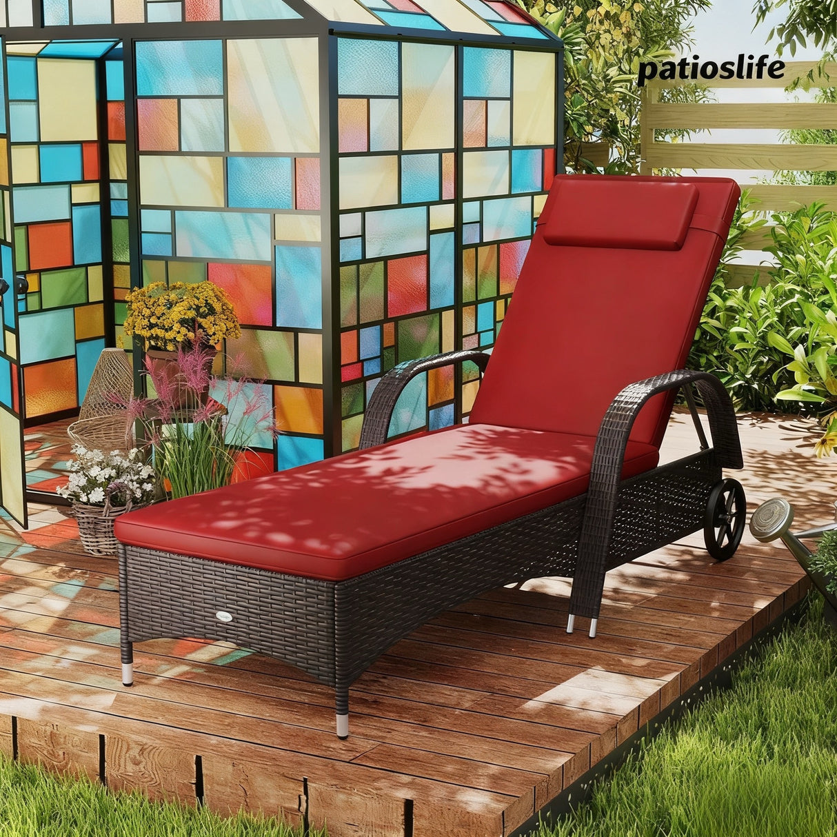 Patioslife Wicker Chaise Lounge Chair – Outdoor PE Rattan Sun Lounger with Cushion, Adjustable 5-Level Backrest, Headrest & Wheels, Deep Coffee & Cream White