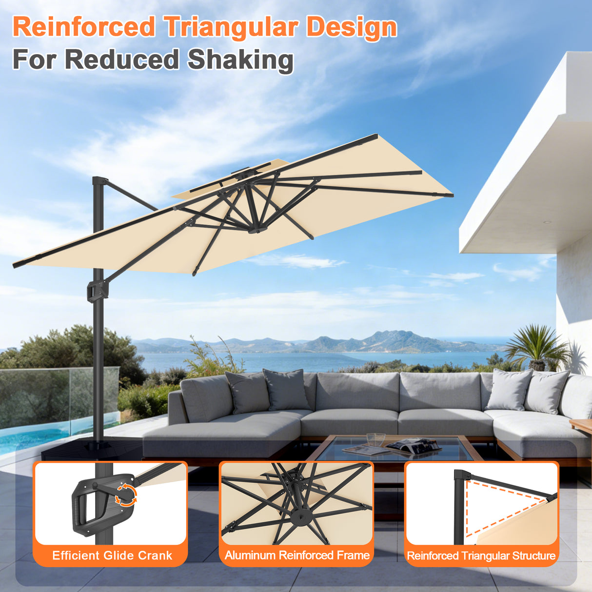 Patioslife Aegis Pro Cantilever Umbrella, Reinforced & Powder-Coated Aluminium Ribs and Pole for Garden & Patio