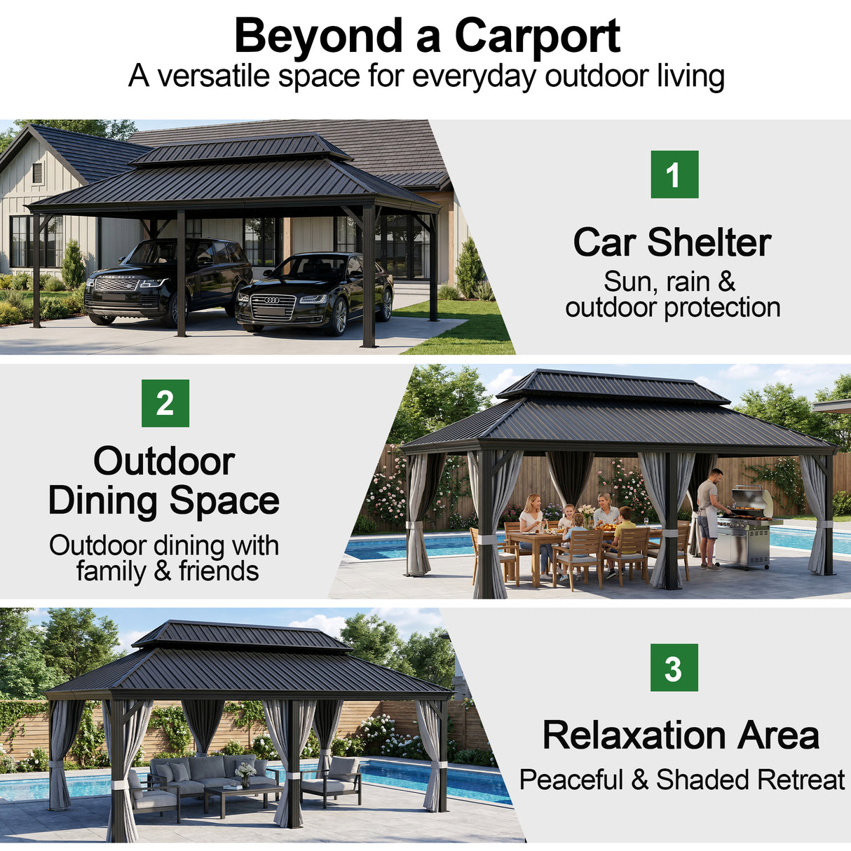 Patioslife All-Weather Aluminum Carport – Steel Roof Canopy for Cars, Motorcycles, RVs & Boats