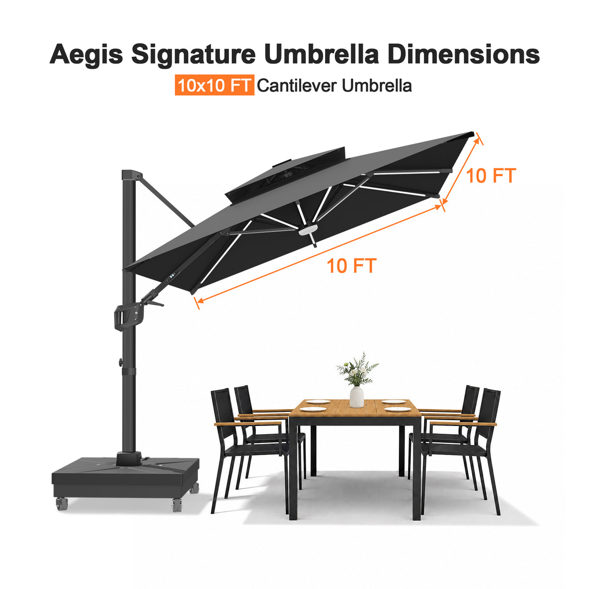 Patioslife Aegis Signature Rotating Cantilever Patio Umbrella with Adjustable Tilt | Large Outdoor Shade Umbrella for Garden, Deck & Poolside, Includes Free Premium Cover
