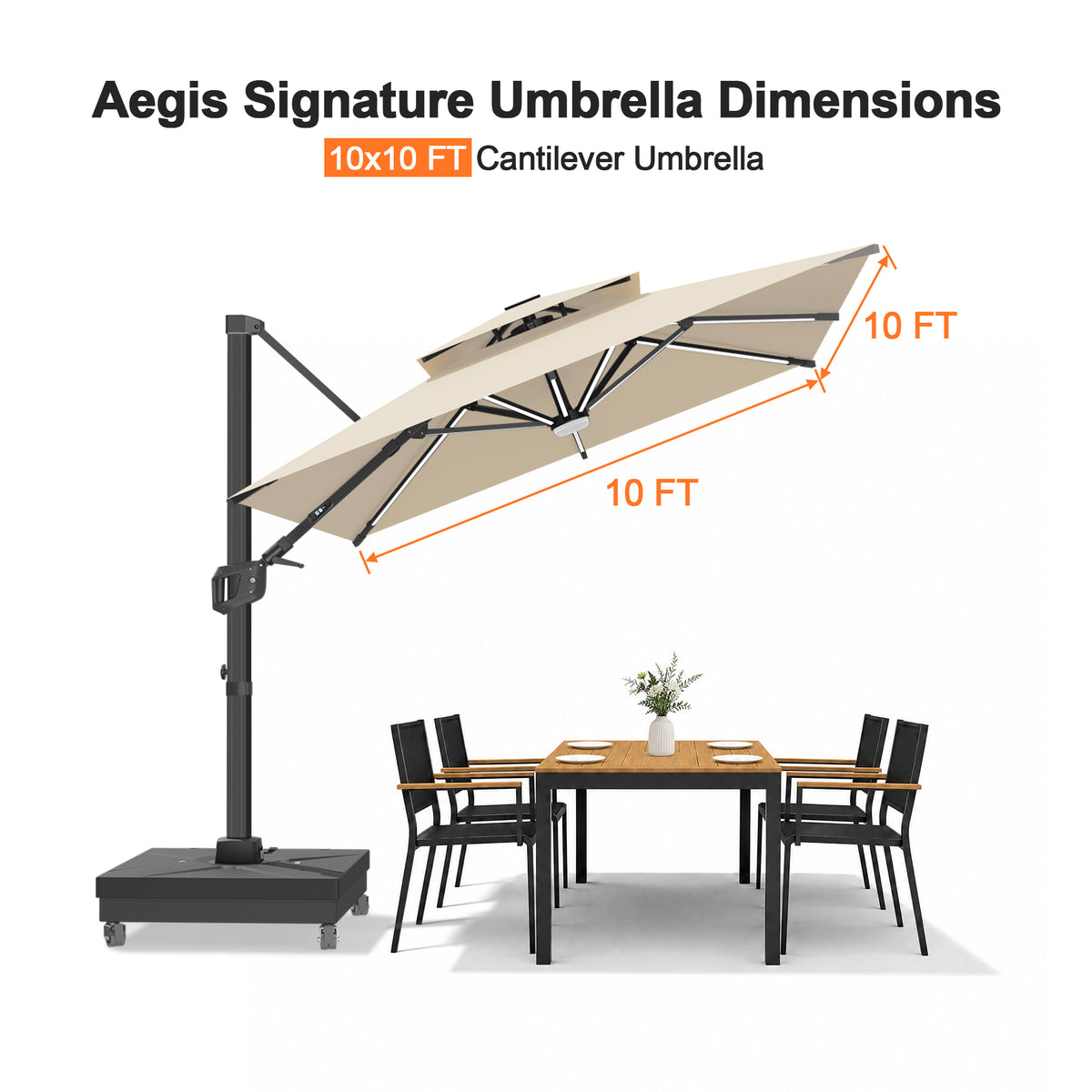 Patioslife Aegis Signature Rotating Cantilever Patio Umbrella with Adjustable Tilt | Large Outdoor Shade Umbrella for Garden, Deck & Poolside, Includes Free Premium Cover