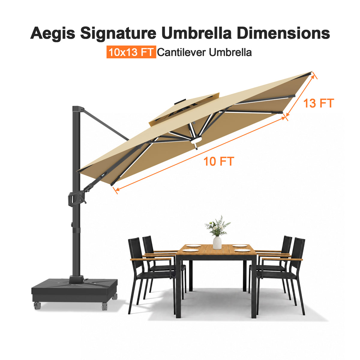 Patioslife Aegis Signature Rotating Cantilever Patio Umbrella with Adjustable Tilt | Large Outdoor Shade Umbrella for Garden, Deck & Poolside, Includes Free Premium Cover