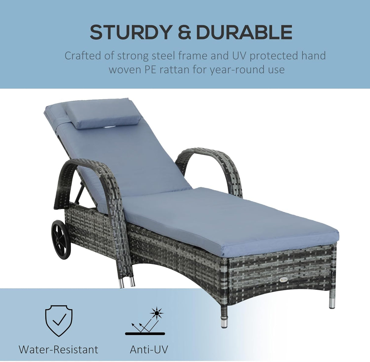 Patioslife Wicker Chaise Lounge Chair – Outdoor PE Rattan Sun Lounger with Cushion, Adjustable 5-Level Backrest, Headrest & Wheels, Deep Coffee & Cream White