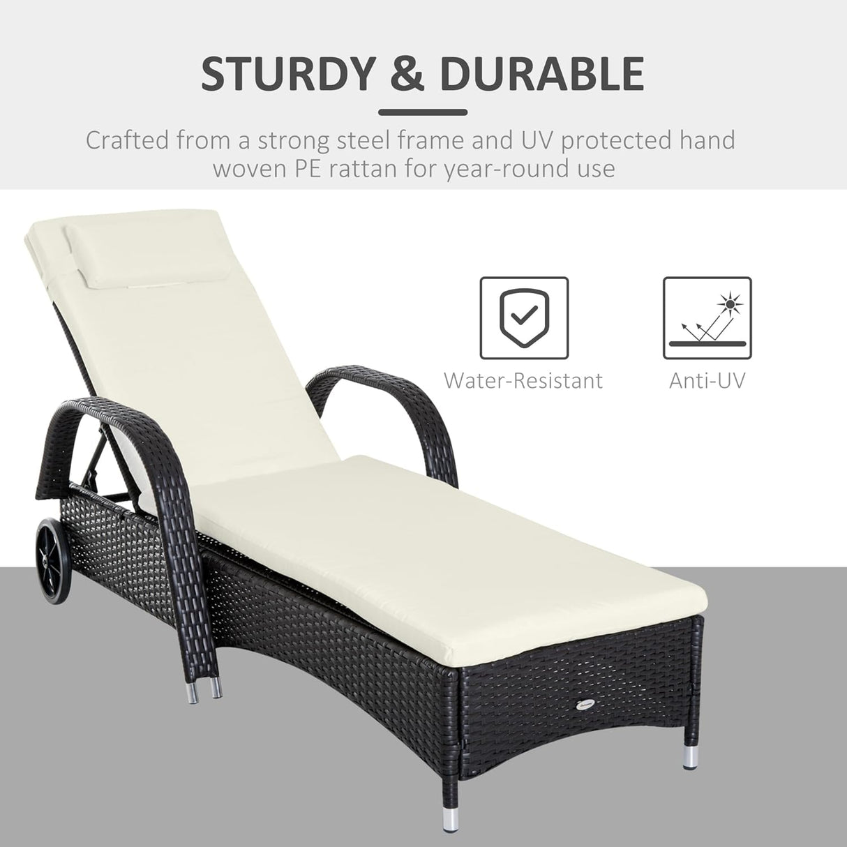 Patioslife Wicker Chaise Lounge Chair – Outdoor PE Rattan Sun Lounger with Cushion, Adjustable 5-Level Backrest, Headrest & Wheels, Deep Coffee & Cream White