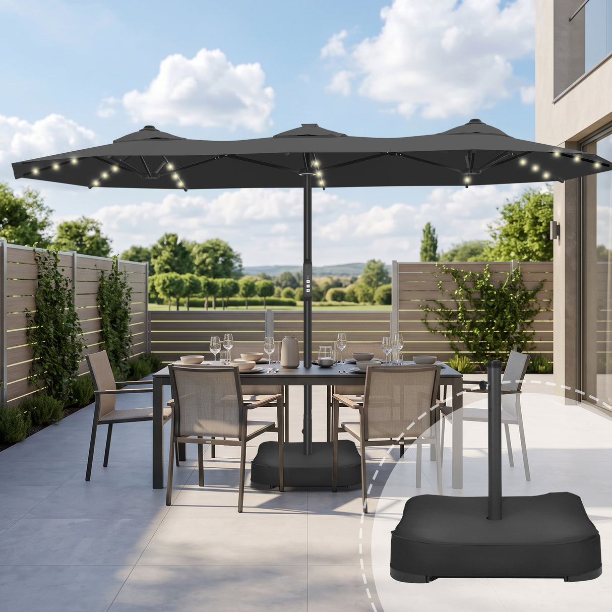 Patioslife Aegis 9x15ft Motorized Cantilever Patio Umbrella — Double-Sided, Remote Control, UPF 50+, Solar LED Lights & Windproof Frame